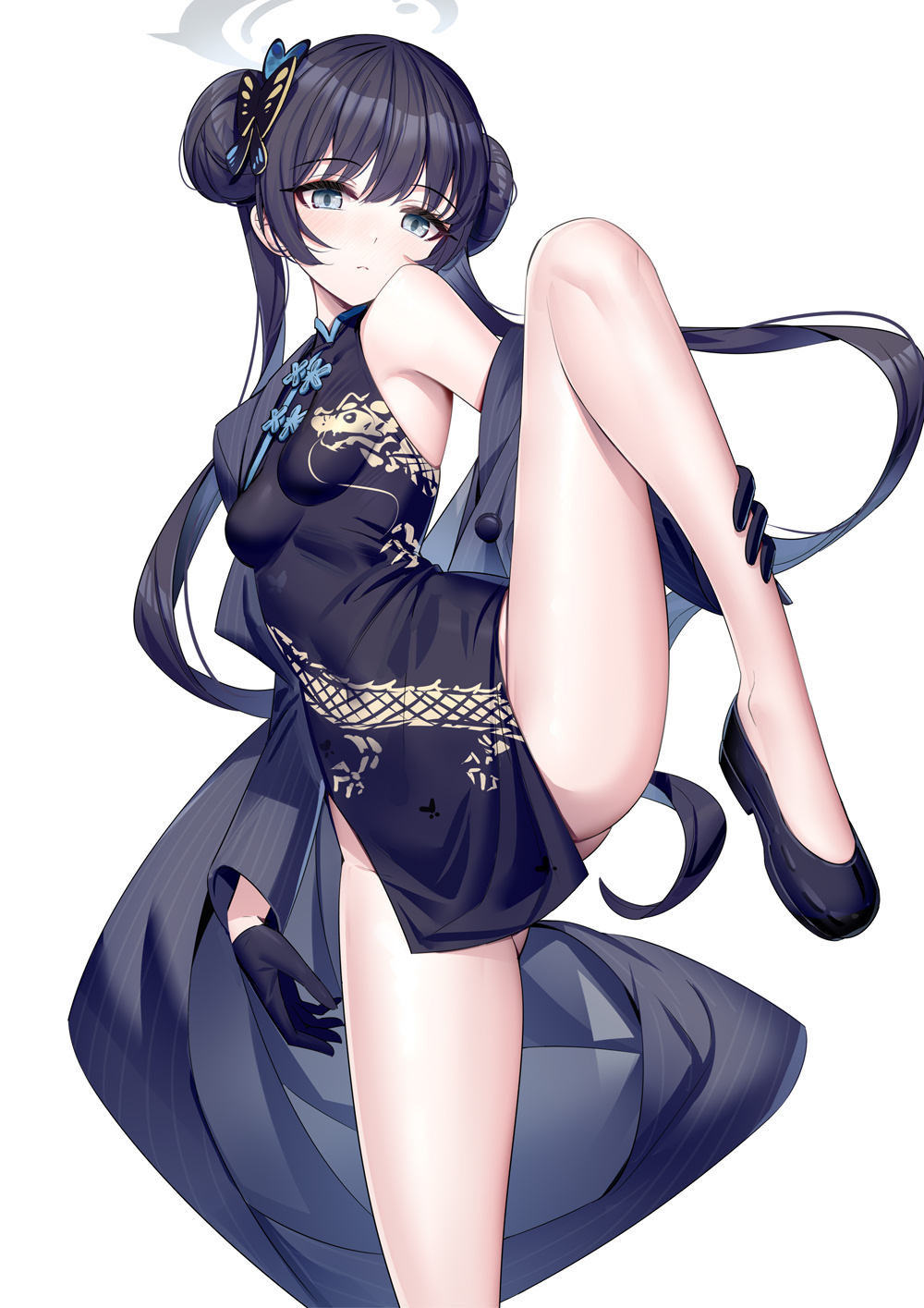 1girl bare_shoulders black_dress black_footwear black_gloves black_hair blue_archive breasts butterfly_hair_ornament china_dress chinese_clothes commentary_request covered_navel double_bun dress gloves grey_eyes grey_jacket hair_bun hair_ornament halo highres jacket kisaki_(blue_archive) long_hair looking_at_viewer medium_breasts no_panties off_shoulder open_clothes open_jacket ririko_(zhuoyandesailaer) shoes simple_background sleeveless sleeveless_dress solo standing standing_on_one_leg twintails very_long_hair white_background