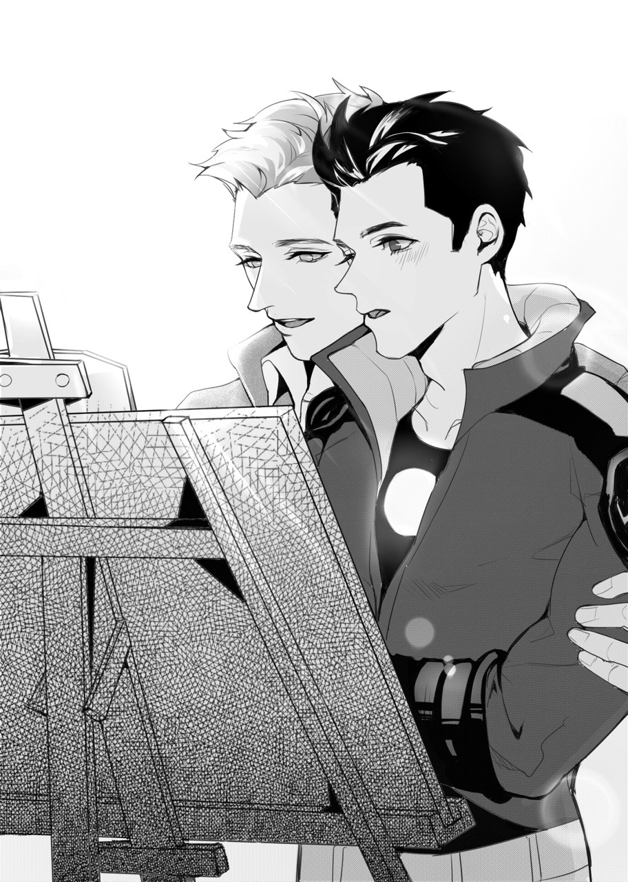 2boys animification arc_reactor avengers_(series) avengers_academy blush collared_shirt easel english_commentary fingernails greyscale hand_up highres jacket long_sleeves looking_at_object male_focus marvel monochrome multiple_boys open_clothes open_jacket open_mouth shirt short_hair simple_background smile standing steve_rogers t-shirt teeth tongue tony_stark ultimatesue