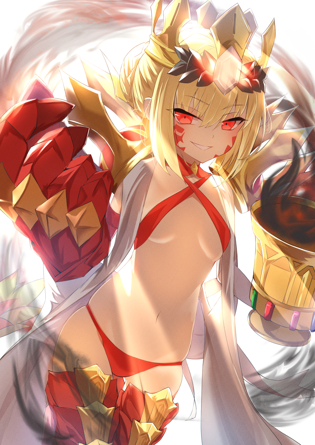 1girl ahoge backlighting bikini blonde_hair braid breasts chalice criss-cross_halter crown cup dragon_claw dragon_tail elbow_gloves facial_mark fate/grand_order fate_(series) french_braid gloves grin hair_bun hair_intakes hair_ribbon halterneck highres jitome light_rays long_hair looking_at_viewer navel nero_claudius_(fate) open_clothes pointy_ears queen_draco_(fate) queen_draco_(second_ascension)_(fate) red_bikini red_eyes red_ribbon ribbon robe single_glove small_breasts smile solo swimsuit tail umi_endu white_gloves white_robe