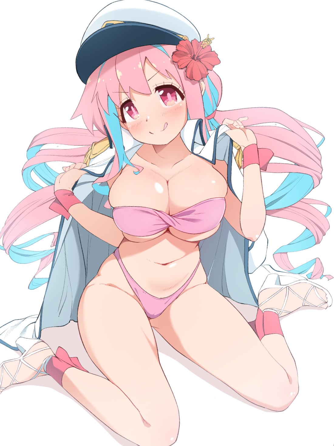 1girl :q adjusting_clothes bare_arms bare_legs bikini blue_hair blush breasts closed_mouth coat coat_on_shoulders collarbone commentary_request dot_nose drill_hair epaulettes flower hair_between_eyes hair_flower hair_ornament hair_tie hands_up hat high_heels highleg highleg_bikini highres hozuki_kaede large_breasts licking_lips long_sleeves looking_at_viewer military_coat military_hat multicolored_hair navel nekono_matatabi official_alternate_costume official_alternate_hairstyle onii-chan_wa_oshimai! open_clothes open_coat peaked_cap pink_bikini pink_eyes pink_hair red_flower red_wrist_cuffs simple_background skindentation smile solo streaked_hair swimsuit thighs tongue tongue_out twintails white_background white_coat white_footwear white_headwear wrist_cuffs
