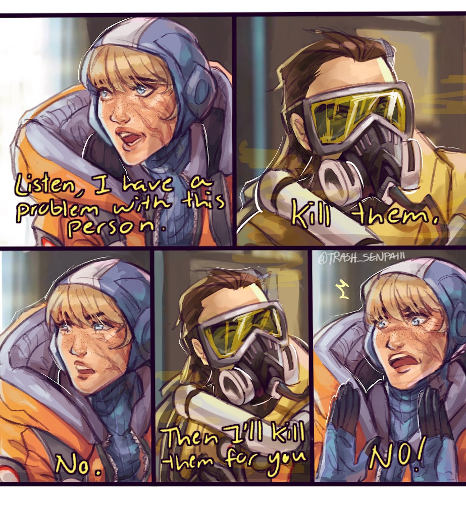 1boy 1girl ^_^ angry apex_legends blonde_hair blue_bodysuit blue_eyes blue_gloves bodysuit brown_hair buzzfeed_unsolved caustic_(apex_legends) closed_eyes english_text gloves goggles hair_behind_ear hair_slicked_back hazmat_suit hood hood_down hood_up hooded_bodysuit jacket looking_to_the_side nina_liu open_hand open_mouth orange_jacket ribbed_bodysuit scar scar_on_cheek scar_on_face wattson_(apex_legends)