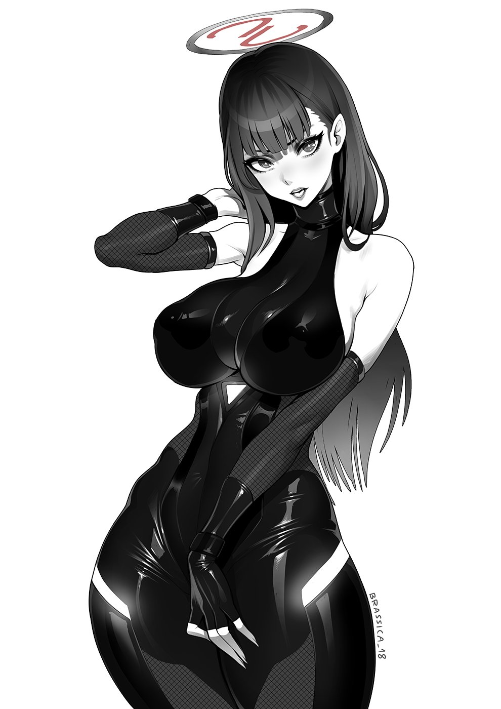 1girl arm_behind_head artist_name bare_shoulders blue_archive bodysuit brassica covered_nipples cowboy_shot detached_sleeves fingerless_gloves fishnet_sleeves gloves greyscale halo halterneck highres lips long_hair monochrome open_mouth rio_(blue_archive) shadow sleeveless sleeveless_bodysuit solo