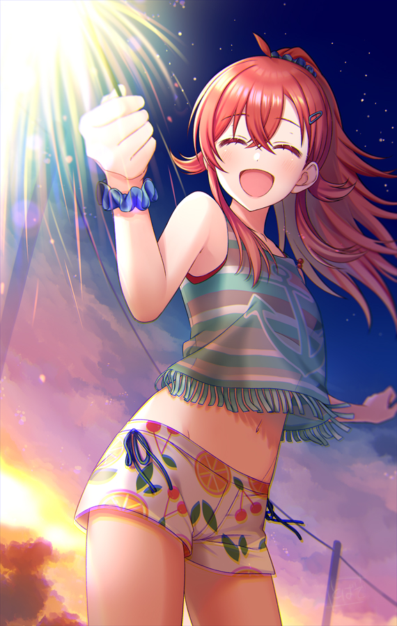 1girl :d ahoge bad_id bad_pixiv_id closed_eyes cowboy_shot fireworks fruit_print hair_between_eyes hair_ornament hair_scrunchie hairclip holding_fireworks idolmaster idolmaster_shiny_colors komiya_kaho long_hair midriff navel red_hair scrunchie shorts smile solo sparkler striped_clothes sunset tank_top tobade_(tbdfactory) wrist_scrunchie