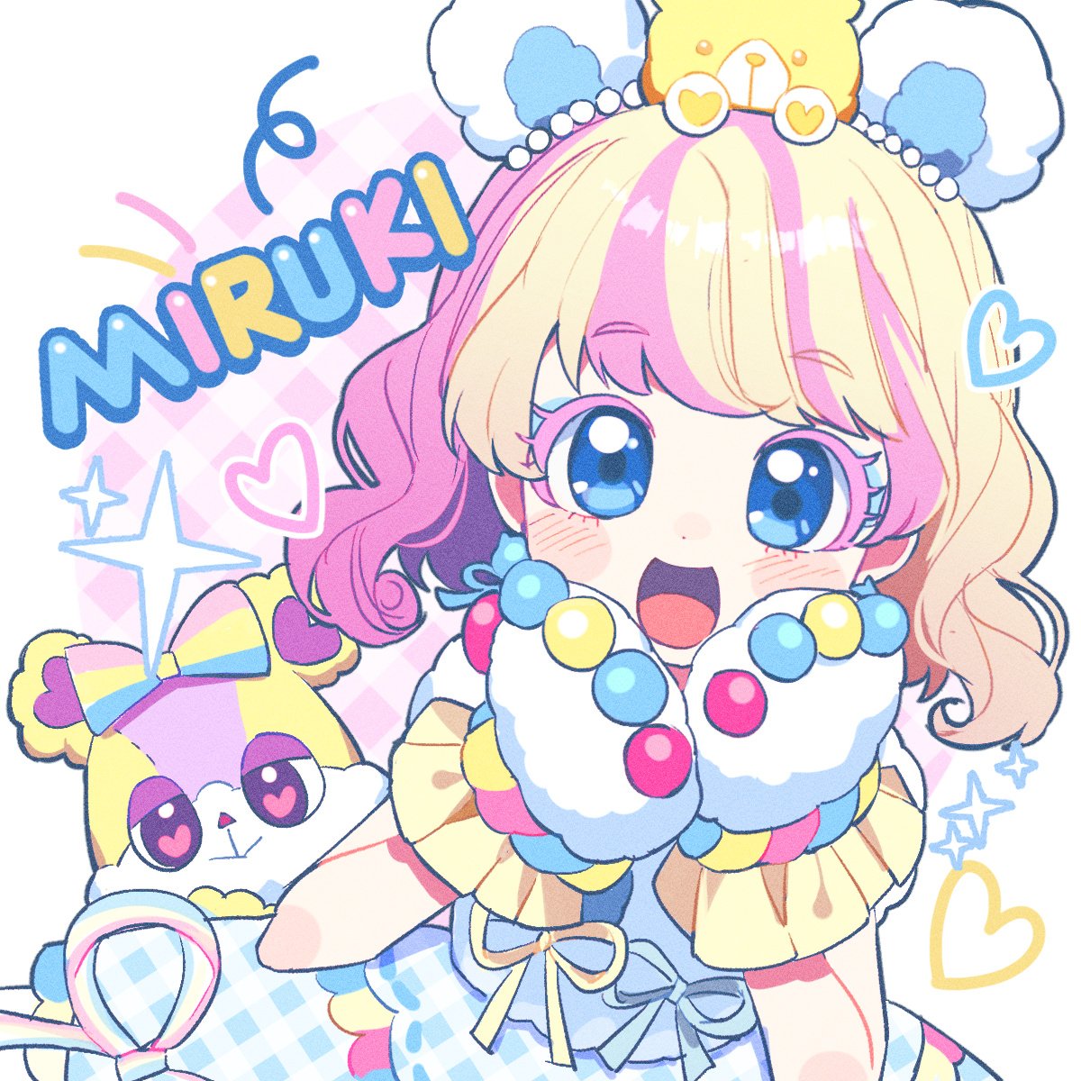 1girl :d amauri_miruki amauri_miruki_(primagista) animal_ears animal_hands bear_ears bear_hair_ornament blonde_hair blue_eyes blue_eyeshadow colored_eyelashes eyeshadow fake_animal_ears gloves haepali hair_ornament hands_up hanitan hanitan_(bear) heart highres idol_clothes looking_at_viewer makeup multicolored_hair open_mouth paw_gloves pink_hair pretty_series short_hair smile solo sparkle streaked_hair stuffed_animal stuffed_toy teddy_bear waccha_primagi!