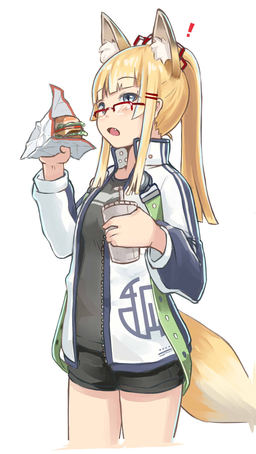 ! 1girl animal_ear_fluff animal_ears black_shorts blonde_hair blue_eyes blush breasts burger commentary_request cup disposable_cup drinking_straw fang food fox_ears fox_girl fox_tail glasses grey_shirt hands_up highres holding holding_cup holding_food jacket kuro_kosyou long_hair long_sleeves open_clothes open_jacket open_mouth original over-rim_eyewear ponytail puffy_long_sleeves puffy_sleeves red-framed_eyewear semi-rimless_eyewear shirt short_shorts shorts simple_background small_breasts solo standing tail white_background white_jacket