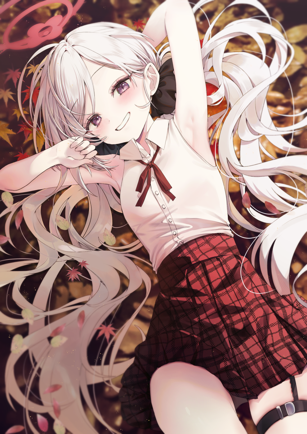 1girl arm_behind_head arm_up armpits autumn_leaves bare_arms bare_shoulders black_flower blue_archive blush collared_shirt commentary_request flower hair_flower hair_ornament halo highres leaf long_hair looking_at_viewer lying maple_leaf mutsuki_(blue_archive) on_back paraffin parted_bangs plaid plaid_skirt pleated_skirt purple_eyes red_skirt shirt skindentation skirt sleeveless sleeveless_shirt smile solo thigh_strap very_long_hair white_hair white_shirt