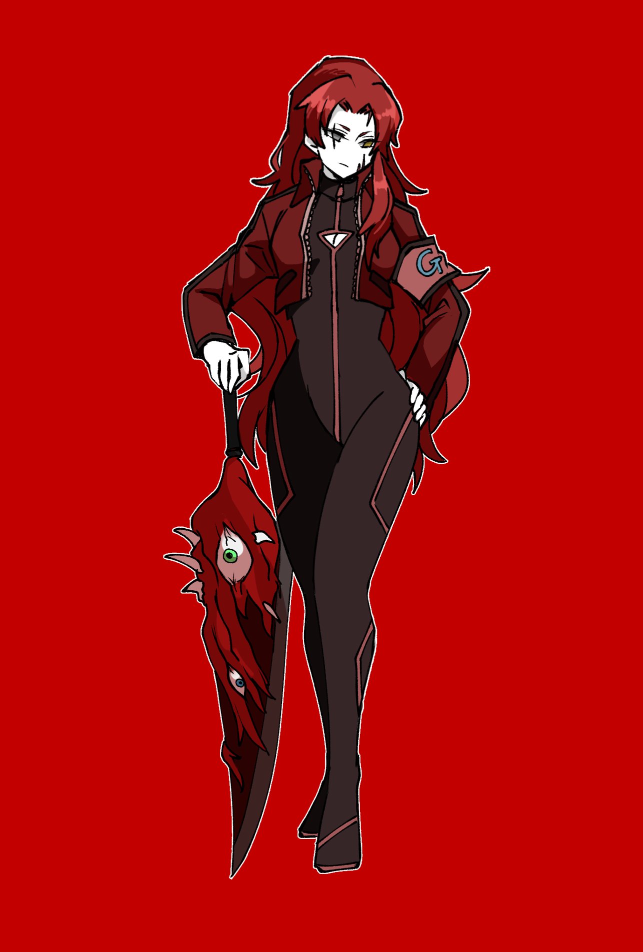 0o0onnk 1girl black_bodysuit bodysuit closed_mouth cropped_jacket e.g.o_(project_moon) full_body gebura_(project_moon) heterochromia highres holding holding_sword holding_weapon jacket lobotomy_corporation long_hair looking_to_the_side parted_bangs project_moon red_background red_hair red_jacket simple_background single_sidelock solo sword very_long_hair weapon