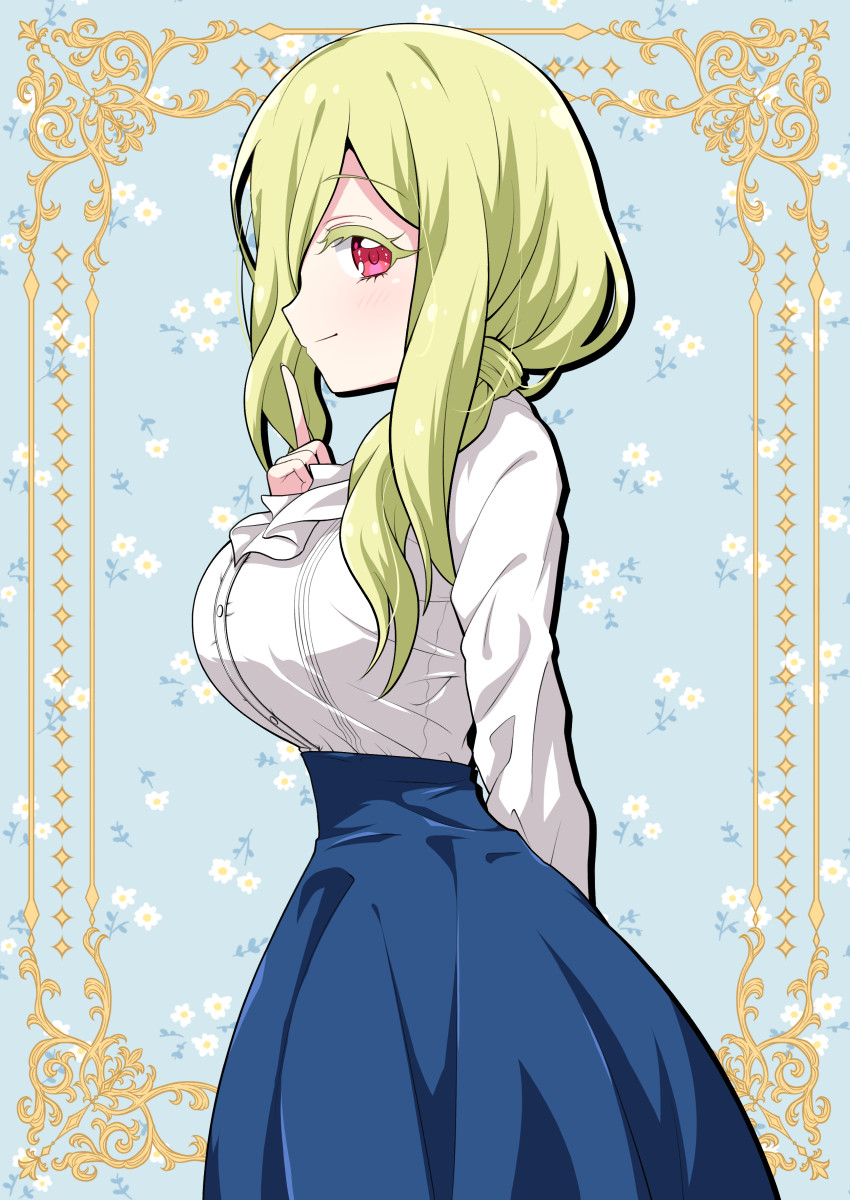1girl blonde_hair blue_skirt blush breasts closed_mouth floral_background from_side highres jashin-chan_dropkick large_breasts long_hair looking_at_viewer mumyou_ishi persephone_(jashin-chan_dropkick) red_eyes shirt simple_background skirt smile solo standing white_shirt