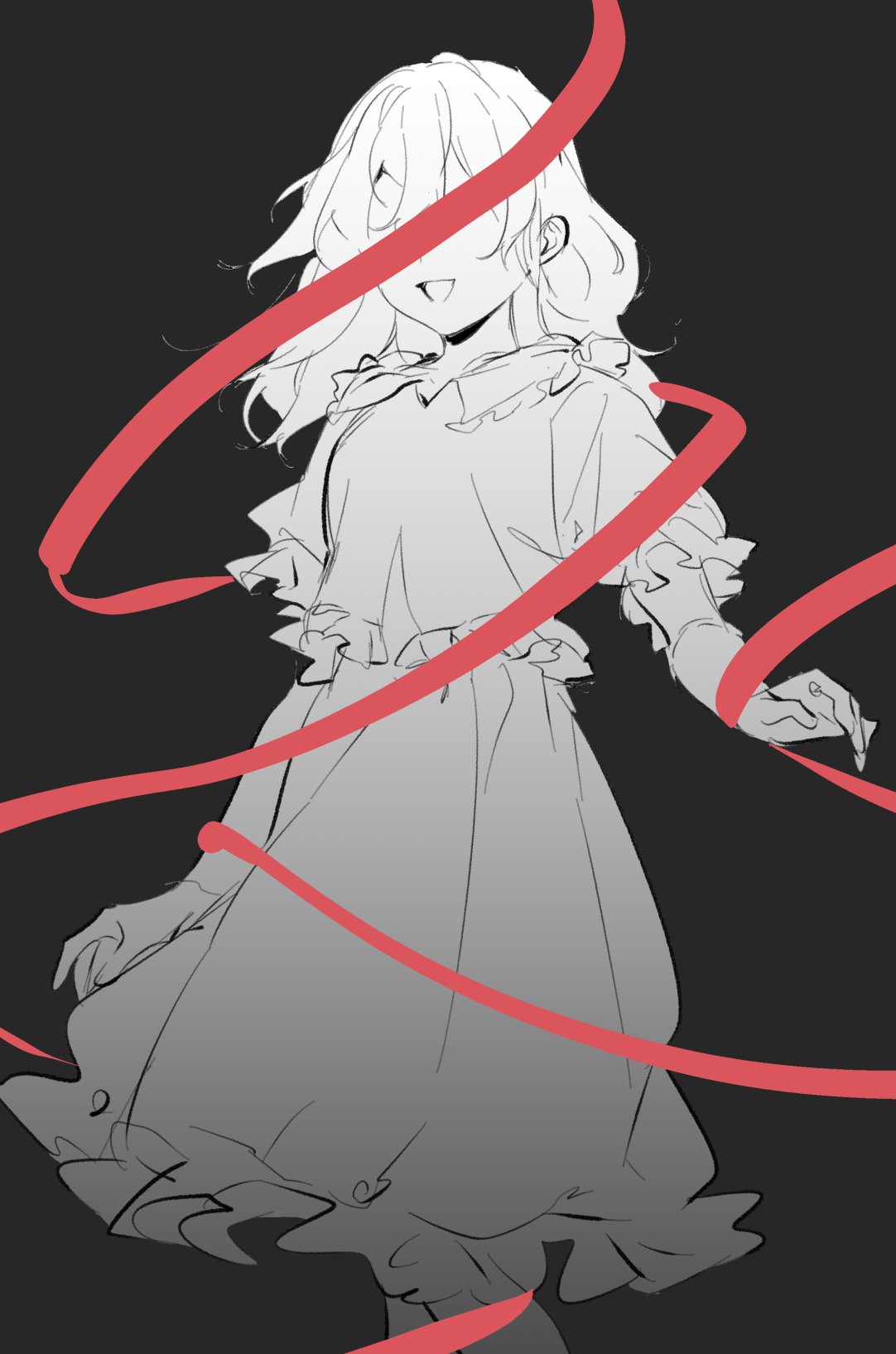 1girl akagashi_hagane blouse covered_eyes frilled_shirt frilled_skirt frills gloves greyscale highres long_hair maribel_hearn monochrome no_headwear open_mouth puffy_sleeves red_ribbon ribbon shirt short_sleeves skirt solo spot_color taboo_japan_disentanglement touhou