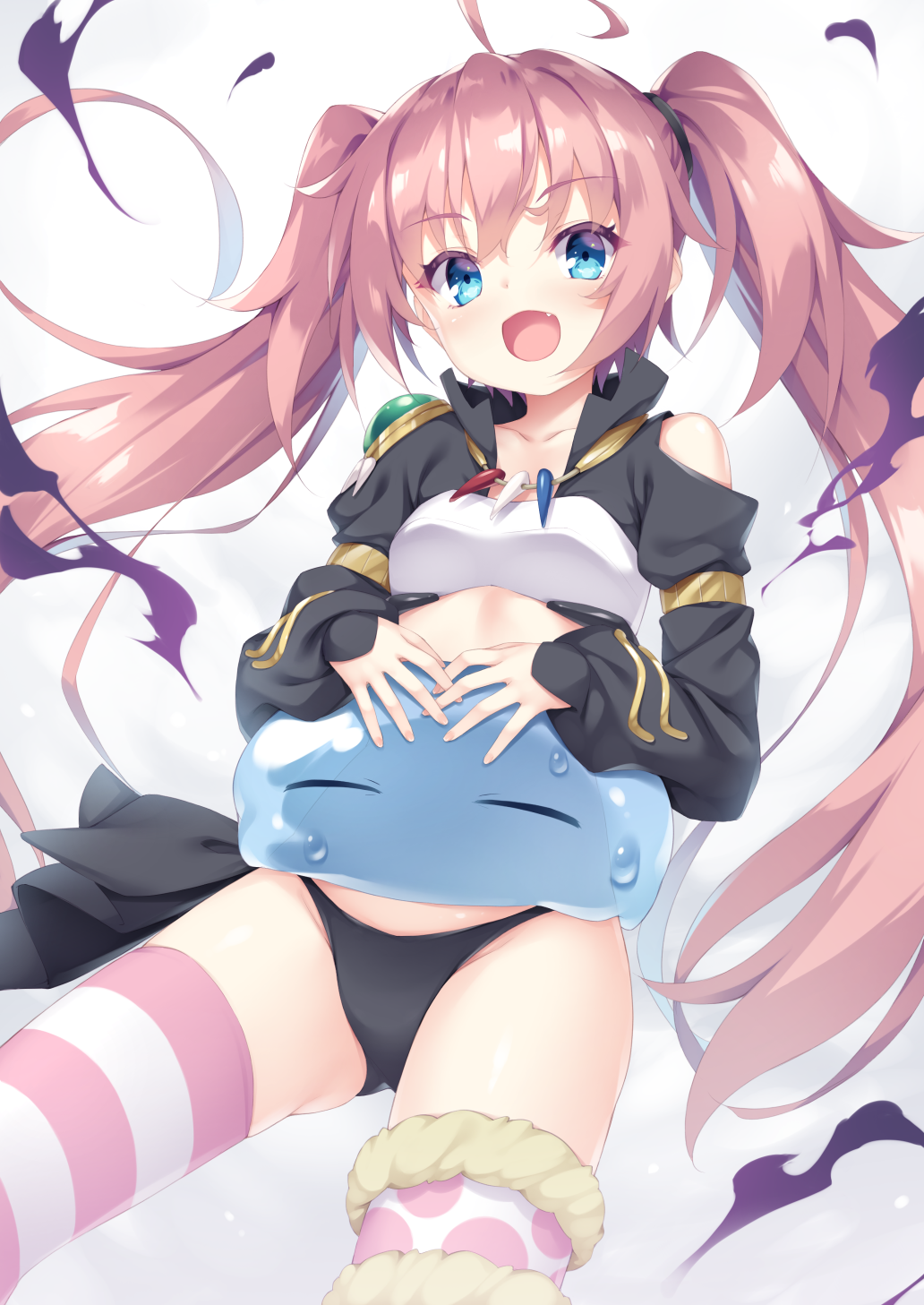 1girl 1other ahoge ass_visible_through_thighs asymmetrical_legwear black_panties black_sleeves blue_eyes breasts commentary_request fang fur_trim highres long_hair milim_nava mismatched_legwear open_mouth panties pink_hair rimuru_tempest shirt side-tie_panties slime_(creature) small_breasts smile striped striped_legwear tensei_shitara_slime_datta_ken thighhighs thighs tomifumi twintails underwear very_long_hair white_shirt