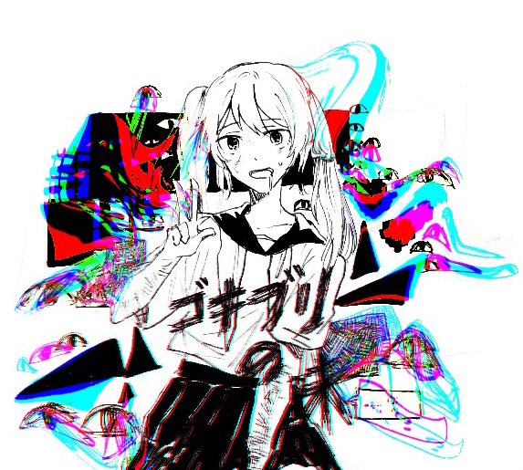 1girl 21scorpii abstract character_request check_character collarbone collared_shirt commentary_request cowboy_shot disembodied_eye drooling eyelashes greyscale_with_colored_background hatsune_miku long_hair looking_at_viewer necktie open_mouth pleated_skirt school_uniform serafuku shirt short_sleeves skirt smile solo sweatdrop teeth twintails upper_teeth_only v vocaloid
