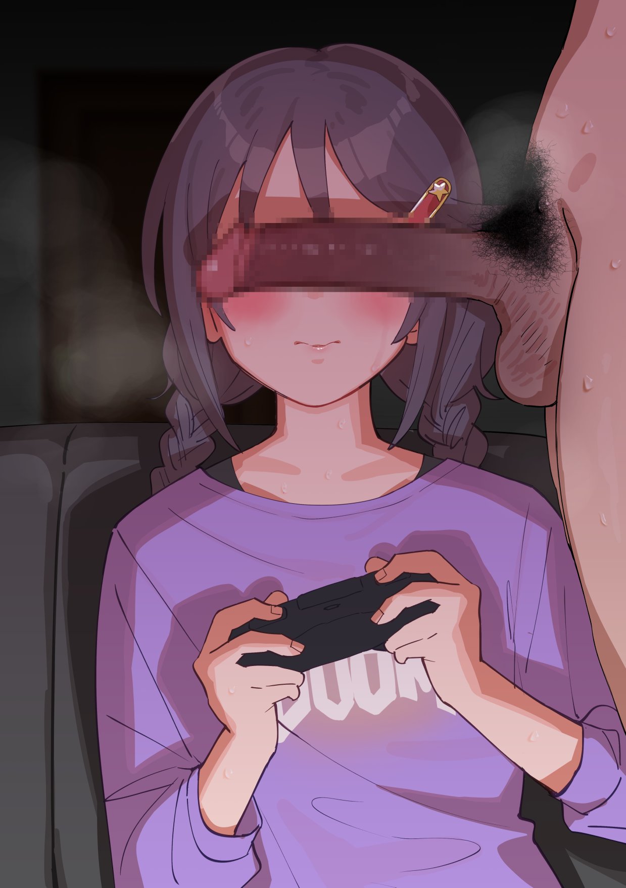 1boy 1girl blush braid buta_tsuzumi controller doom_(series) game_controller hair_ornament hairclip highres holding holding_controller holding_game_controller idolmaster idolmaster_cinderella_girls large_penis long_hair miyoshi_sana penis penis_on_face penis_over_eyes playing_games purple_hair sweat twin_braids