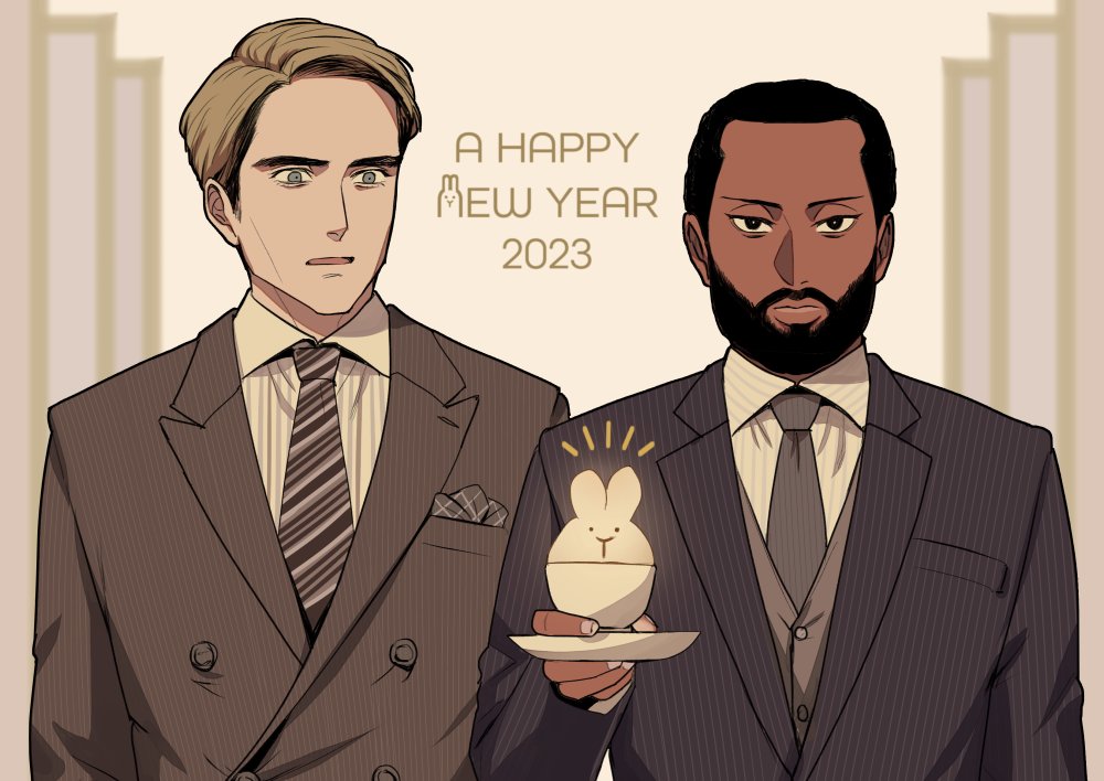 2023 2boys animal_ears beard black_hair black_suit blonde_hair blue_eyes breast_pocket brown_suit buttons chinese_zodiac collared_shirt curtained_hair dark-skinned_male dark_skin diagonal-striped_clothes diagonal-striped_necktie emphasis_lines facial_hair fingernails food_request formal grey_necktie handkerchief_in_pocket holding holding_plate light-skinned_palms looking_at_another looking_at_viewer male_focus mozu_suka multiple_boys necktie neil_(tenet) parted_hair plate pocket protagonist_(tenet) rabbit_ears shirt short_hair striped_clothes suit tenet_(movie) thick_lips upper_body year_of_the_rabbit