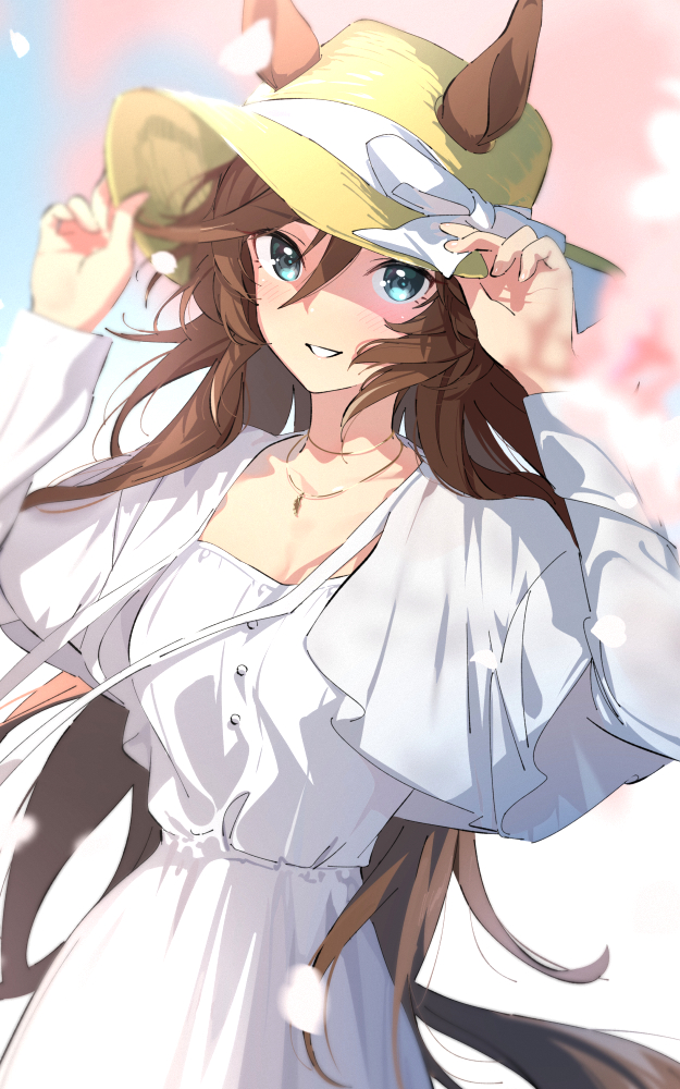 1girl alternate_costume animal_ears blurry breasts brown_hair cleavage depth_of_field dress ears_through_headwear green_eyes hair_between_eyes hands_on_headwear hands_up hat horse_ears horse_girl horse_tail jewelry long_hair long_sleeves looking_at_viewer misu_kasumi mr._c.b._(umamusume) necklace open_mouth outdoors petals small_breasts smile solo standing sun_hat tail umamusume white_dress