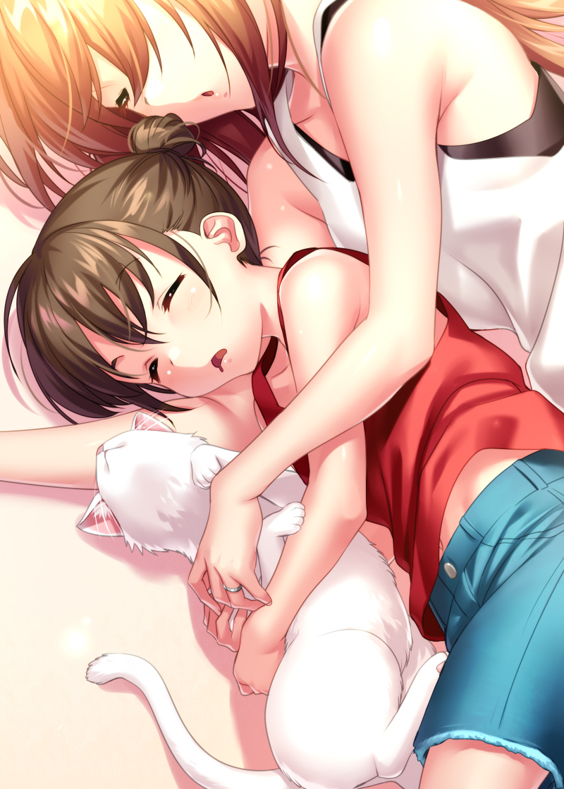 animal bare_shoulders brown_hair cat child closed_eyes collarbone hug little_busters! mother_and_son natsume_rin shirt short_ponytail short_sleeves shorts sleeping zen_(kamuro)