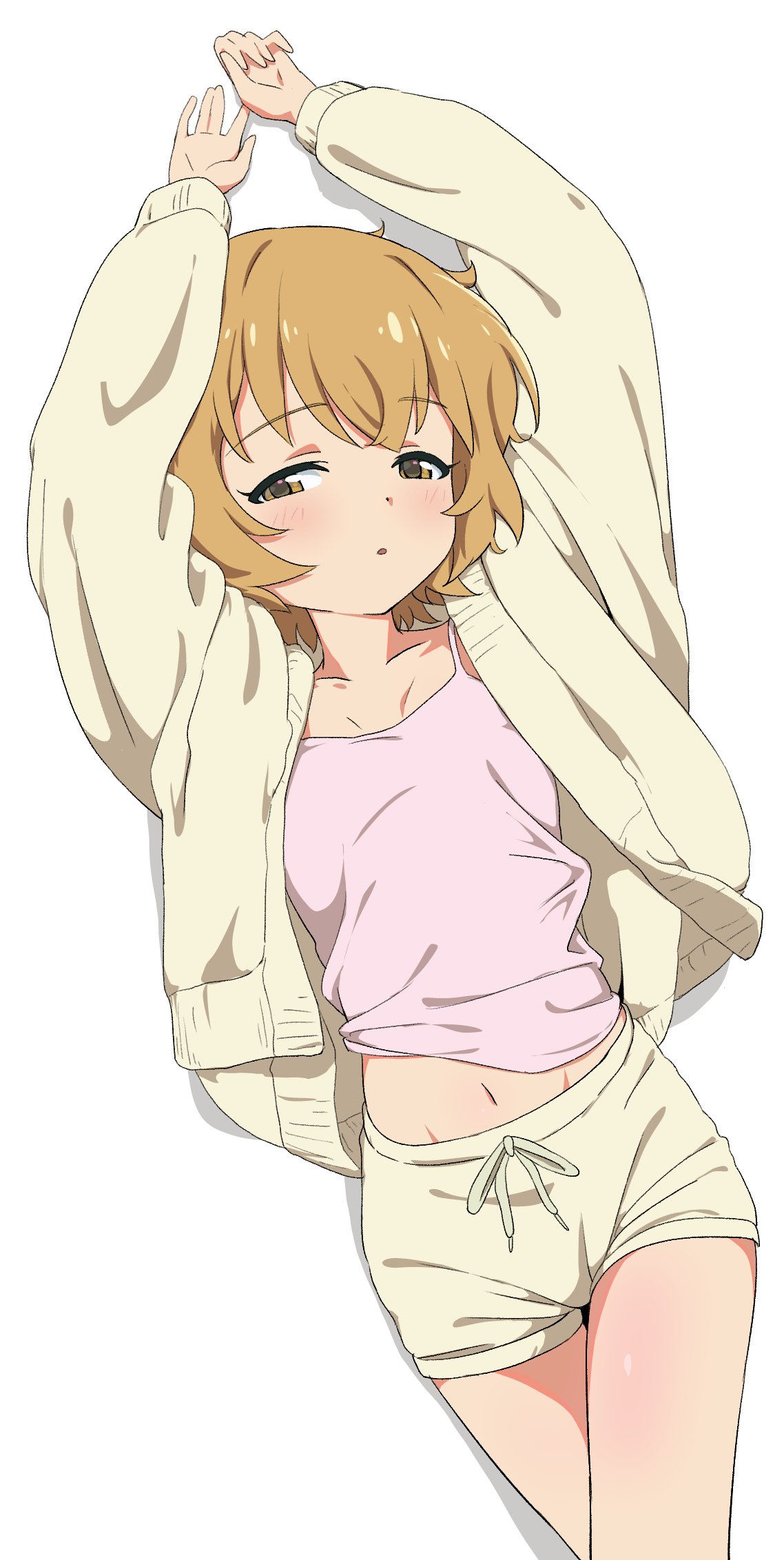 1girl arms_up blush brown_eyes brown_hair camisole highres idolmaster idolmaster_cinderella_girls idolmaster_cinderella_girls_u149 koga_koharu looking_at_viewer lying navel on_back open_pajamas pajamas papiyon1297 parted_lips short_hair shorts simple_background solo white_background
