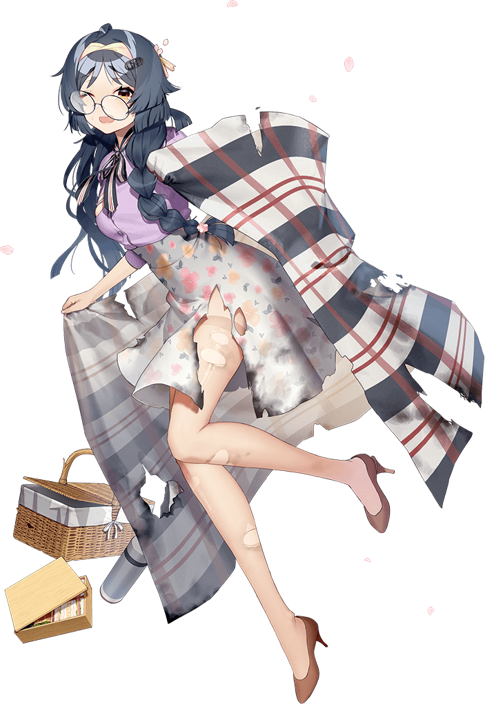 1girl akasaka_yuzu artist_request black_hair blanket braid brown_eyes brown_footwear burnt_clothes floral_print full_body glasses hairband heian_maru_(kancolle) high_heels kantai_collection leaning_forward low_twintails neck_ribbon official_alternate_costume one_eye_closed picnic_basket pink_hairband pumps purple_shirt ribbon shirt skirt solo thermos thighhighs torn_clothes torn_thighhighs transparent_background twin_braids twintails white_skirt