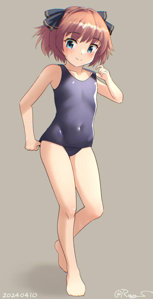 1girl barefoot black_one-piece_swimsuit blue_eyes brown_hair covered_navel flat_chest full_body grey_background hachijou_(kancolle) kantai_collection old_school_swimsuit one-hour_drawing_challenge one-piece_swimsuit ray.s school_swimsuit shadow simple_background smile solo swimsuit two_side_up
