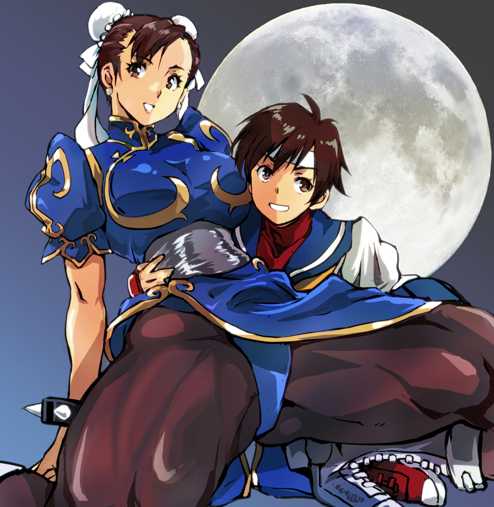 2girls blue_dress blue_sailor_collar bracelet breasts brown_eyes brown_hair brown_pantyhose bun_cover china_dress chinese_clothes chun-li commentary_request covered_collarbone double_bun dress earrings fingerless_gloves full_moon gloves gold_trim hair_bun headband hug jewelry kamisimo_90 kasugano_sakura looking_at_viewer looking_to_the_side medium_breasts moon multiple_girls night open_mouth pantyhose pelvic_curtain puffy_sleeves sailor_collar sash school_uniform serafuku short_hair short_sleeves smile spiked_bracelet spikes spread_legs street_fighter street_fighter_ii_(series) street_fighter_zero_(series) thighs white_headband