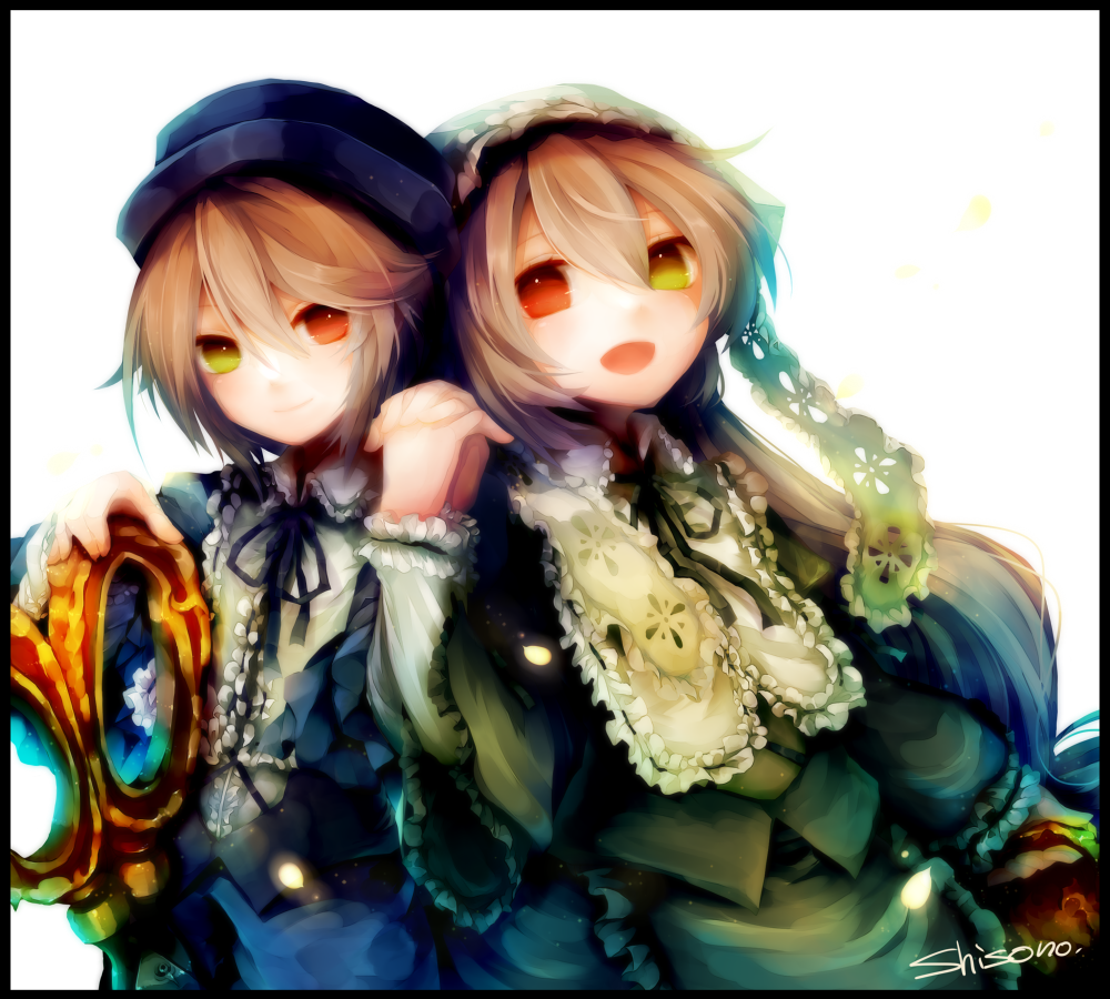 2girls ashisu_(shisono) black_border black_hat black_ribbon blush border brown_hair closed_mouth commentary_request dress green_eyes grey_corset grey_dress hair_between_eyes hat head_scarf heterochromia holding holding_hands holding_scissors lace locked_arms lolita_fashion long_bangs long_hair long_sleeves looking_at_viewer multiple_girls neck_ribbon open_mouth red_eyes ribbon rozen_maiden scissors shears short_hair siblings simple_background sisters smile souseiseki suiseiseki top_hat twins upper_body very_long_hair white_background