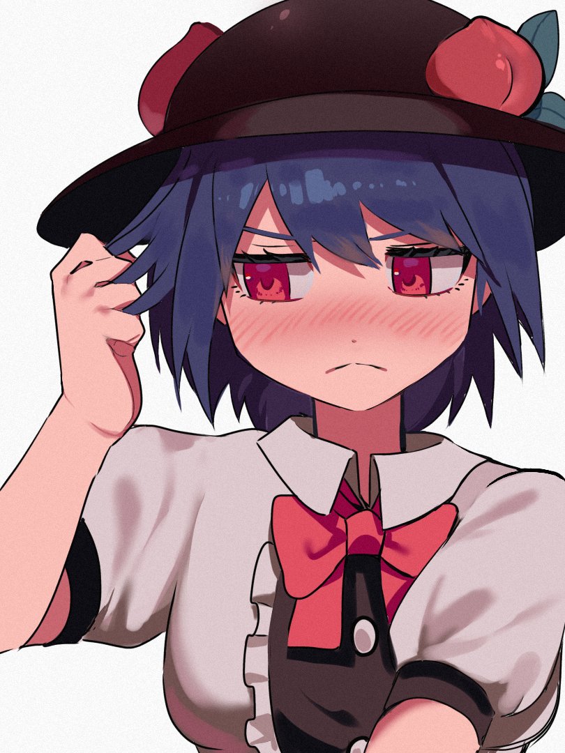 &gt;:( 1girl averting_eyes black_hat blue_hair blush bow buttons closed_mouth collared_shirt embarrassed food frills fruit full-face_blush hamadain_000 hat hinanawi_tenshi holding holding_hair leaf peach puffy_sleeves red_bow red_eyes shirt short_hair short_sleeves sleeve_cuffs solo touhou upper_body v-shaped_eyebrows white_background white_shirt