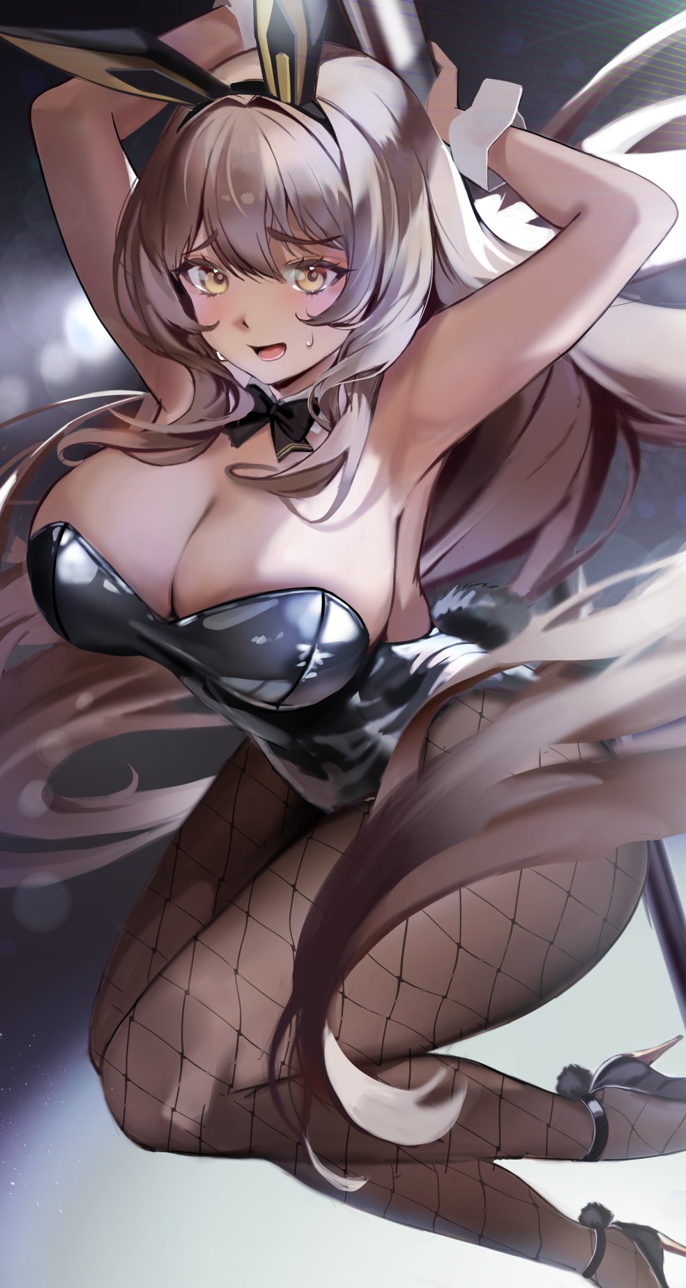 1girl animal_ear_hairband animal_ears arms_up bare_shoulders black_bow black_bowtie black_leotard blush bow bowtie breasts brown_hair cleavage covered_navel detached_collar eyelashes fake_animal_ears fishnet_pantyhose fishnets goddess_of_victory:_nikke hair_between_eyes hairband high_heels highleg highleg_leotard highres large_breasts leotard long_hair looking_at_viewer noir_(nikke) pantyhose playboy_bunny pole_dancing rabbit_ears rabbit_tail shiny_clothes skindentation solo sweatdrop tail thick_thighs thighs uyuri_(89976220) very_long_hair wrist_cuffs yellow_eyes