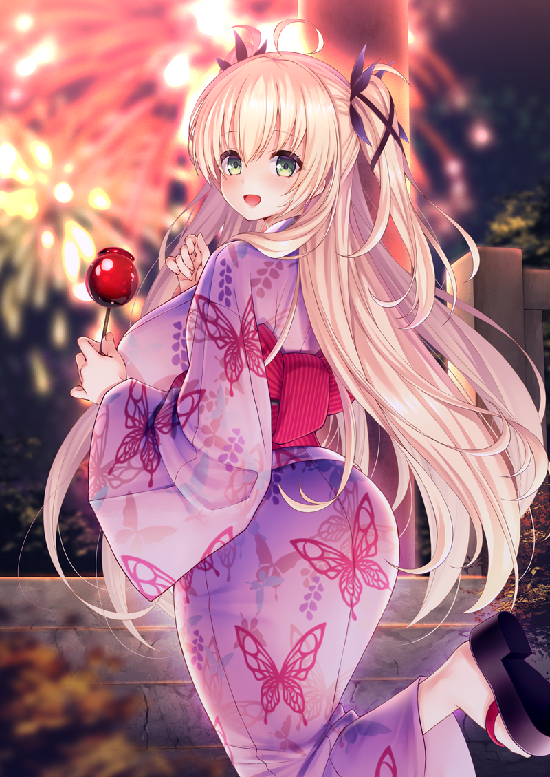 1girl aerial_fireworks ahoge animal_print blonde_hair blush breasts butterfly_print candy_apple commission emanon123 fireworks food from_behind green_eyes holding holding_food japanese_clothes kimono large_breasts long_hair looking_at_viewer looking_back obi open_mouth original sash skeb_commission solo two_side_up