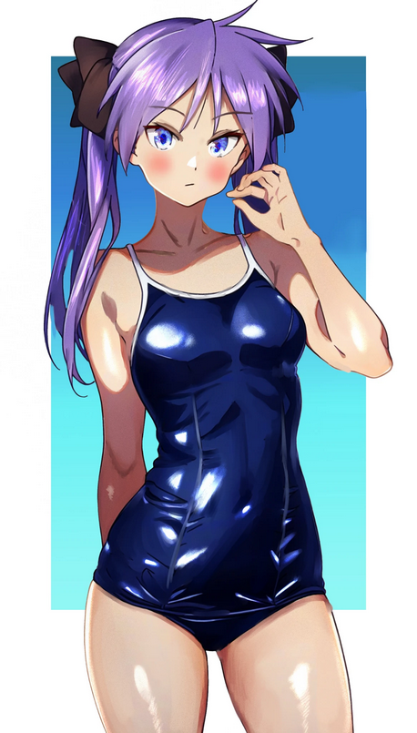 1girl blue_eyes blue_one-piece_swimsuit breasts collarbone competition_school_swimsuit contrapposto covered_navel cowboy_shot hair_ribbon hiiragi_kagami kisaragi_shokuin long_hair lucky_star one-piece_swimsuit purple_hair ribbon school_swimsuit small_breasts solo standing swimsuit