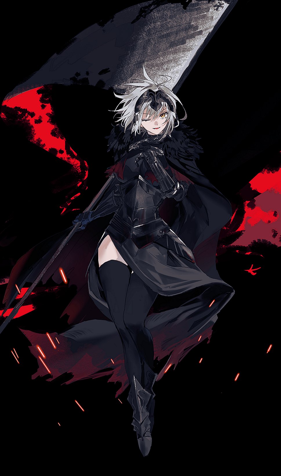 1girl ahoge armor armored_dress banner black_cape black_dress black_thighhighs breasts cape chain dress fate/grand_order fate_(series) faulds flag fur-trimmed_cape fur_trim gauntlets gloves headpiece highres holding holding_flag jeanne_d'arc_alter_(avenger)_(fate) jeanne_d'arc_alter_(avenger)_(first_ascension)_(fate) jeanne_d'arc_alter_(fate) large_breasts looking_at_viewer open_mouth plackart short_hair smile solo ss_un17 standard_bearer thighhighs torn_cape torn_clothes white_flag white_hair yellow_eyes