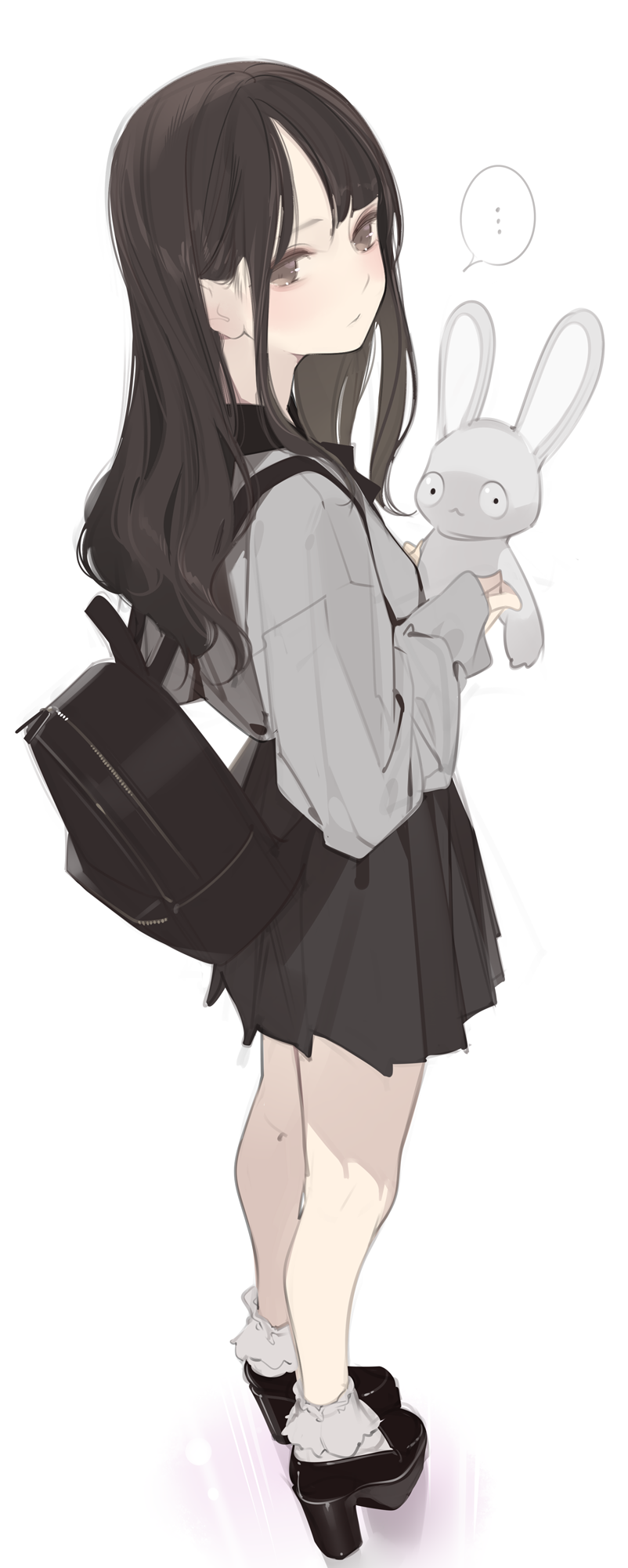 ... 1girl ama_mitsuki backpack bag black_footwear black_skirt blush brown_eyes brown_hair closed_mouth frilled_socks frills from_above from_behind grey_shirt grey_socks high_heels highres holding holding_stuffed_toy long_hair long_sleeves looking_at_viewer looking_back looking_up original pleated_skirt shirt skirt sleeves_past_wrists socks solo speech_bubble spoken_ellipsis standing stuffed_animal stuffed_rabbit stuffed_toy wavy_hair