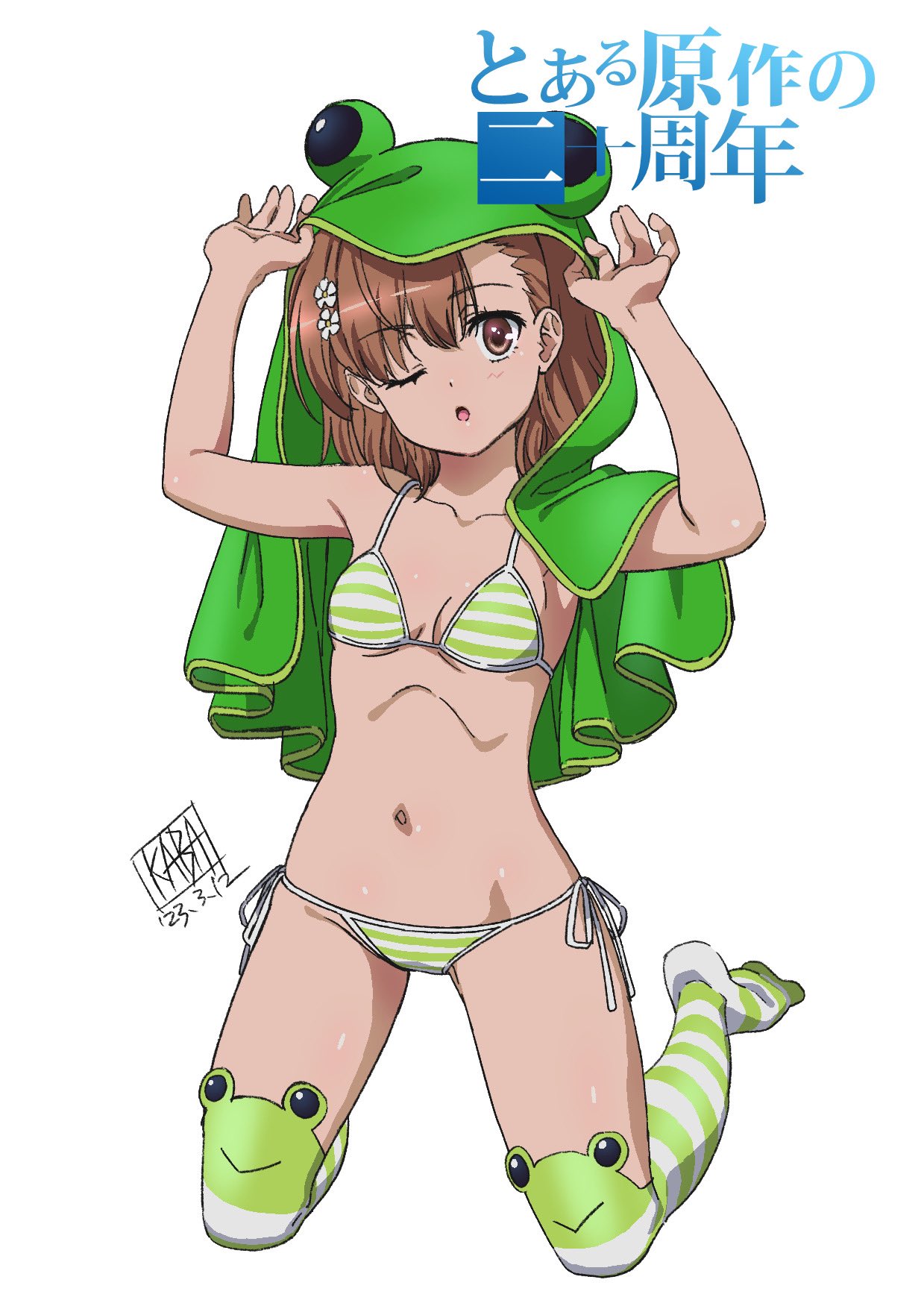 1girl animal_hood bikini breasts brown_eyes brown_hair frog_hood gekota green_bikini green_hood green_thighhighs hair_ornament hairclip highres hood kabashima_yousuke kneeling logo_parody looking_at_viewer misaka_mikoto one_eye_closed short_hair side-tie_bikini_bottom simple_background small_breasts solo striped_bikini striped_clothes striped_thighhighs swimsuit thighhighs toaru_kagaku_no_railgun toaru_majutsu_no_index white_background