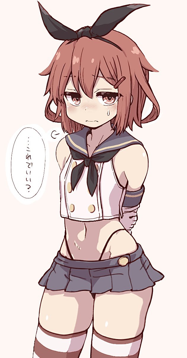 1girl arms_behind_back black_neckerchief black_panties blue_sailor_collar blue_skirt blush brown_eyes brown_hair cosplay cowboy_shot crop_top elbow_gloves flat_chest gloves groin hair_between_eyes hair_ornament hairclip highleg highleg_panties highres ikazuchi_(kancolle) kantai_collection miniskirt navel neckerchief panties pink_background pleated_skirt sailor_collar school_uniform serafuku shimakaze_(kancolle) shimakaze_(kancolle)_(cosplay) short_hair simple_background skirt sleeveless solo speech_bubble striped_clothes striped_thighhighs thighhighs translated unagiman underwear white_gloves