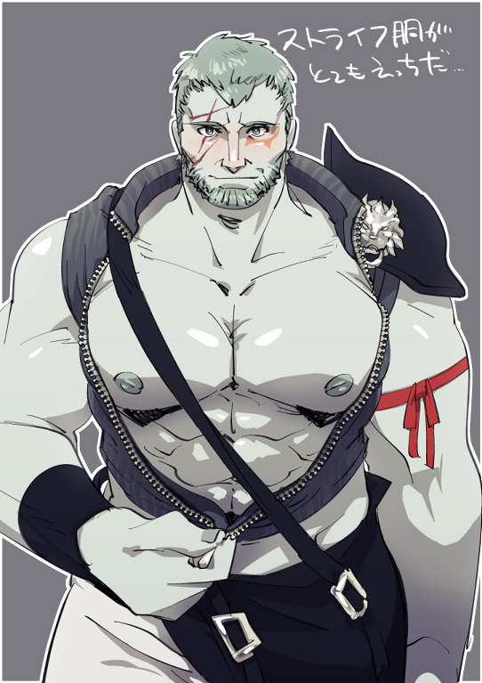 1boy abs armor bara bare_pectorals beard belt blush colored_skin come_hither cowboy_shot facial_hair final_fantasy final_fantasy_xiv full_beard grey_skin ka_tsuobushi large_pectorals looking_at_viewer male_focus mature_male muscular muscular_male navel nipples pauldrons pectorals roegadyn scar scar_across_eye shoulder_armor single_pauldron solo standing stomach strongman_waist thick_beard translation_request unzipping warrior_of_light_(ff14)