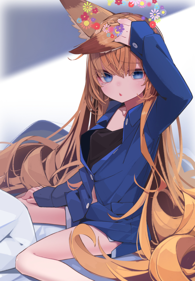1girl :o animal_ears blanket blue_eyes blue_shirt buttons chestnut_mouth collared_shirt commission fox_ears fox_girl fujiwara_gacho halo hand_on_own_head light_brown_hair long_hair long_sleeves looking_at_viewer navel on_bed original partially_unbuttoned pillow shirt sitting skeb_commission solo very_long_hair wariza