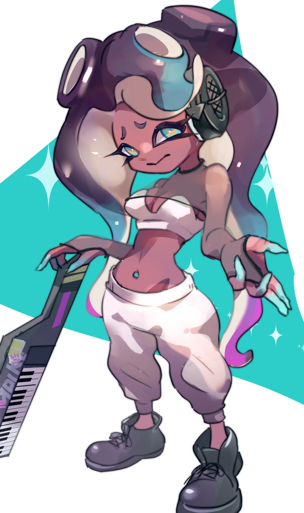 1girl black_footwear black_hair blue_eyes blue_hair blue_skin bra breasts cephalopod_eyes cleavage closed_mouth colored_skin dark-skinned_female dark_skin furrowed_brow groin headphones highres horizontal_pupils instrument keytar koike3582 legs_apart light_blue_hair long_hair marina_(splatoon) medium_breasts multicolored_hair multicolored_skin navel_piercing octoling official_alternate_costume orange_pupils pants piercing purple_hair shoes smile solo splatoon_(series) standing strapless strapless_bra suction_cups sweatpants tentacle_hair two-tone_skin underwear very_long_hair white_bra white_pants