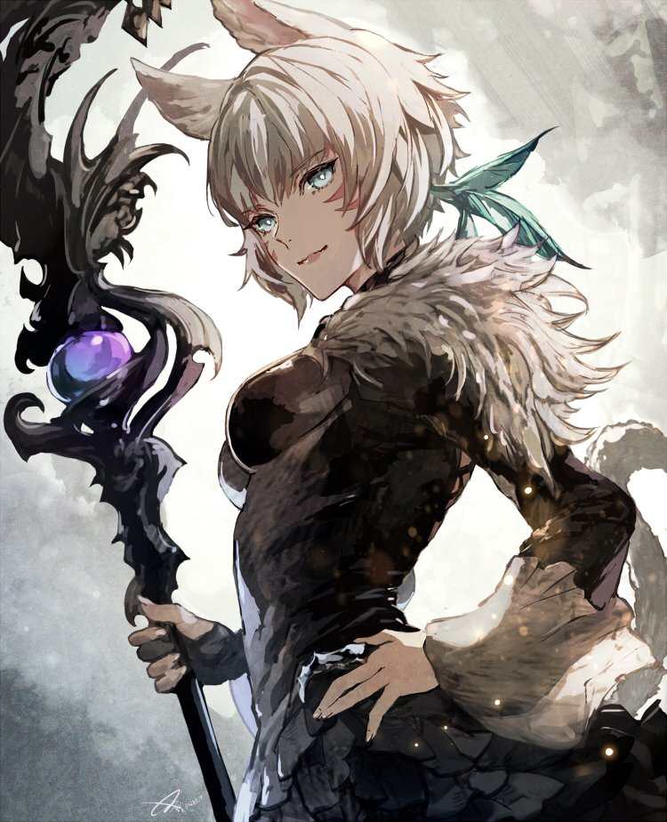 1girl animal_ears black_choker black_dress black_gloves blue_eyes bright_pupils cat_ears cat_girl cat_tail choker cowboy_shot dress facial_mark feather_hair_ornament feathers final_fantasy final_fantasy_xiv from_side fur-trimmed_dress fur_trim gloves grey_background hair_ornament hand_on_own_hip holding holding_staff looking_at_viewer miqo'te nijihayashi partially_fingerless_gloves short_hair signature simple_background single_glove smile solo staff tail white_hair white_pupils y'shtola_rhul