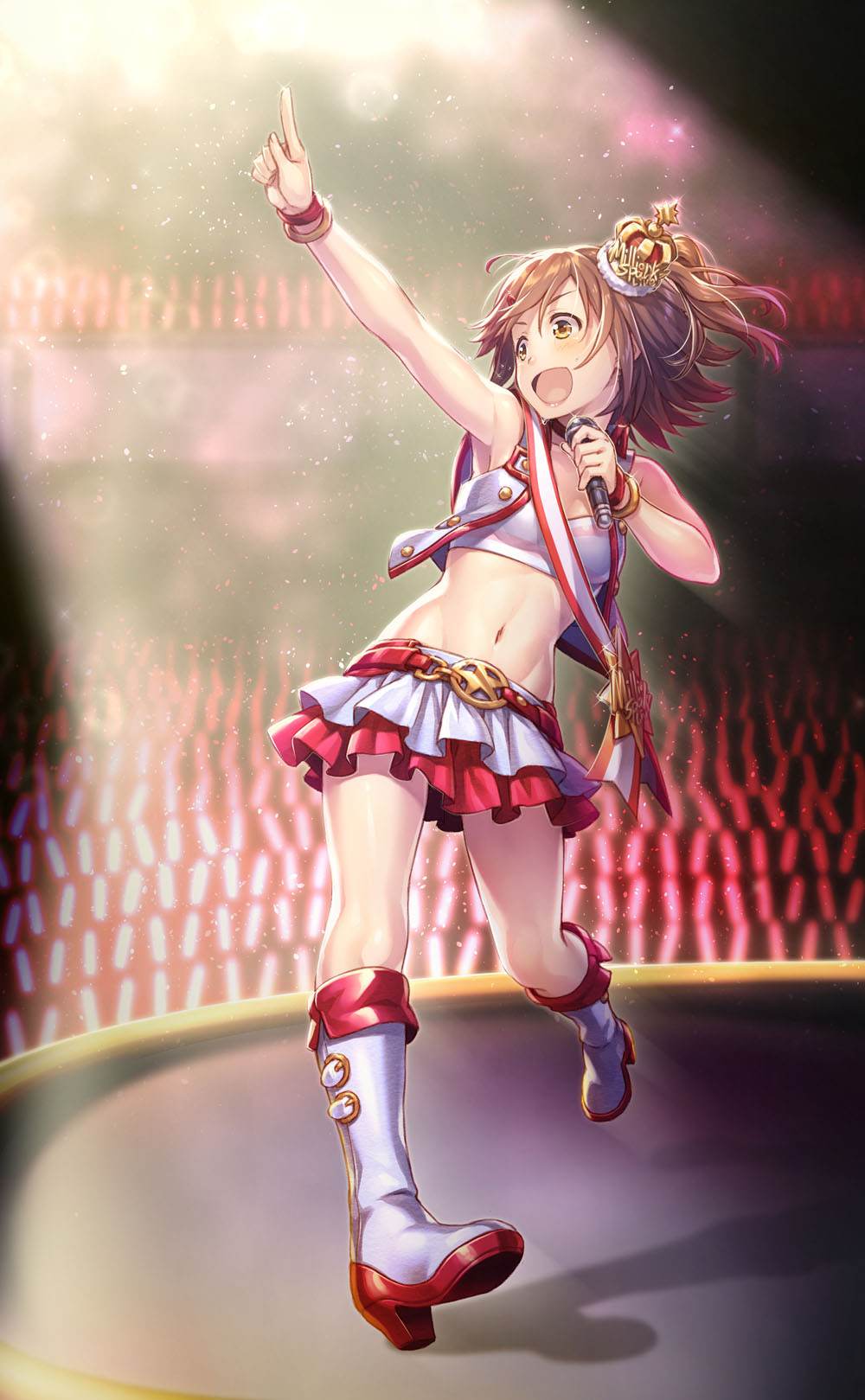 1girl arm_up bangle belt boots bracelet breasts brown_hair choker concert cropped_jacket crown frilled_skirt frills full_body glowstick hair_ornament hairclip highres holding holding_microphone idol idol_clothes idolmaster idolmaster_million_live! index_finger_raised jewelry kasuga_mirai layered_skirt medium_breasts medium_hair microphone midriff mini_crown miniskirt nanaran navel open_mouth side_ponytail skirt sleeveless sleeveless_jacket solo stage stage_lights star-shaped_buckle strapless sweat tube_top yellow_eyes