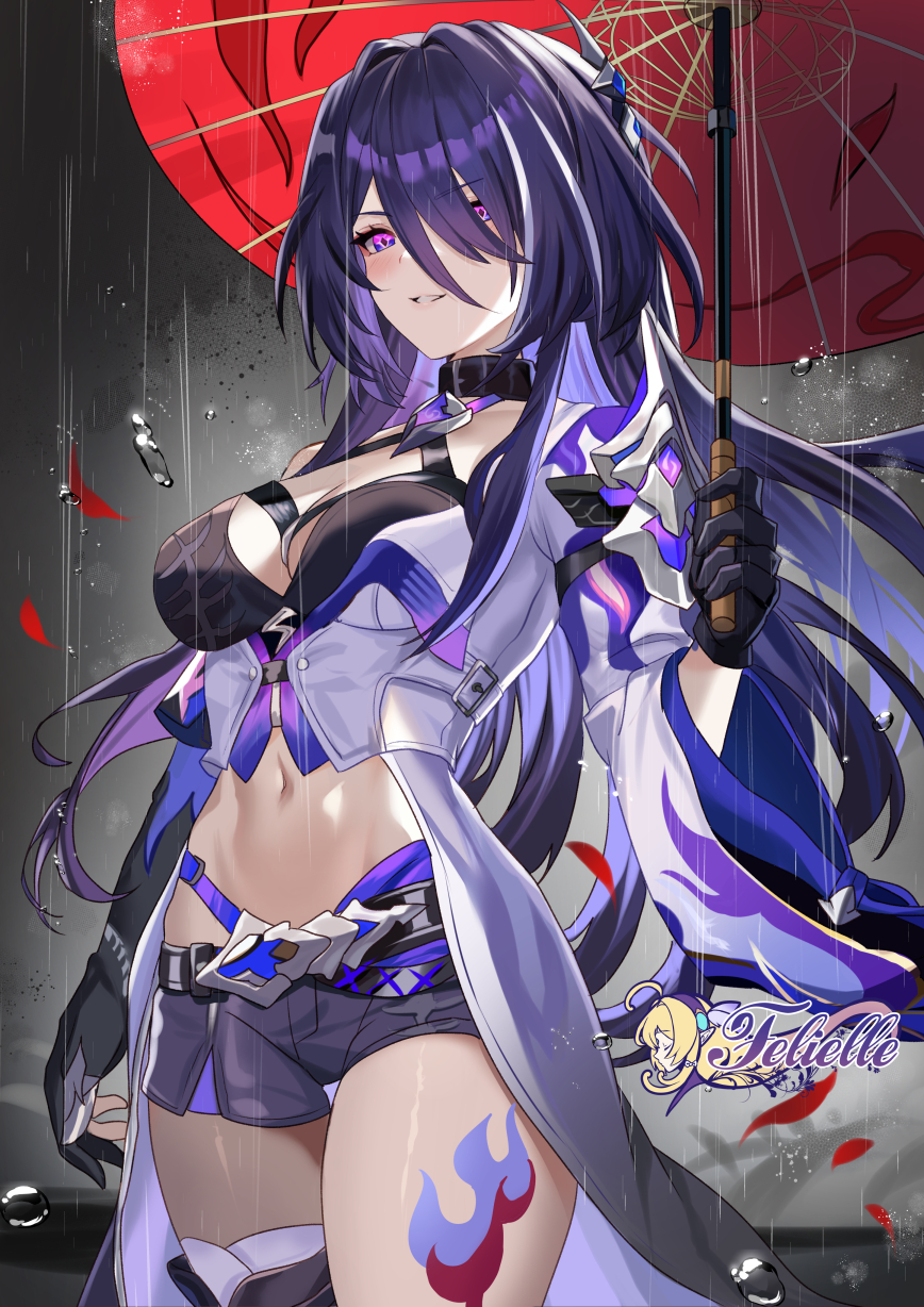 1girl acheron_(honkai:_star_rail) armor asymmetrical_bangs asymmetrical_gloves belt black_belt black_bra black_footwear black_gloves boots bra brooch coat commentary criss-cross_halter crop_top cropped_shirt diamond-shaped_pupils diamond_(shape) evil_smile falling_petals felielle gloves gradient_background grey_background hair_intakes hair_ornament hair_over_one_eye halterneck highres holding holding_umbrella honkai:_star_rail honkai_(series) jewelry leg_tattoo light_blush long_hair looking_at_viewer midriff multicolored_hair navel open_clothes open_coat partially_fingerless_gloves petals pink_eyes print_coat purple_eyes purple_hair purple_shorts rain short_shorts shorts shoulder_armor sidelocks signature simple_background single_off_shoulder single_thigh_boot smile standing symbol-shaped_pupils tattoo thigh_boots three_quarter_view two-tone_eyes two-tone_hair umbrella underwear v-shaped_eyebrows water_drop white_coat white_hair wide_sleeves