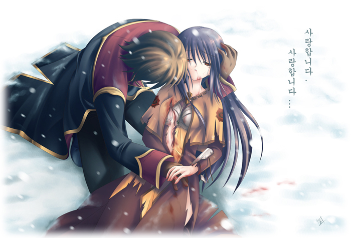 1boy 1girl bad_id black_coat black_hair black_pants blood blood_drip blood_on_snow brown_capelet brown_dress brown_gloves brown_hair capelet chest_guard coat commentary_request cradling cuts dress dying floral_print full_body gloves half-closed_eyes injury korean_commentary korean_text long_hair long_sleeves multicolored_coat open_mouth pants priest_(ragnarok_online) ragnarok_online red_coat rose_print snow swordsman_(ragnarok_online) two-tone_coat zinno