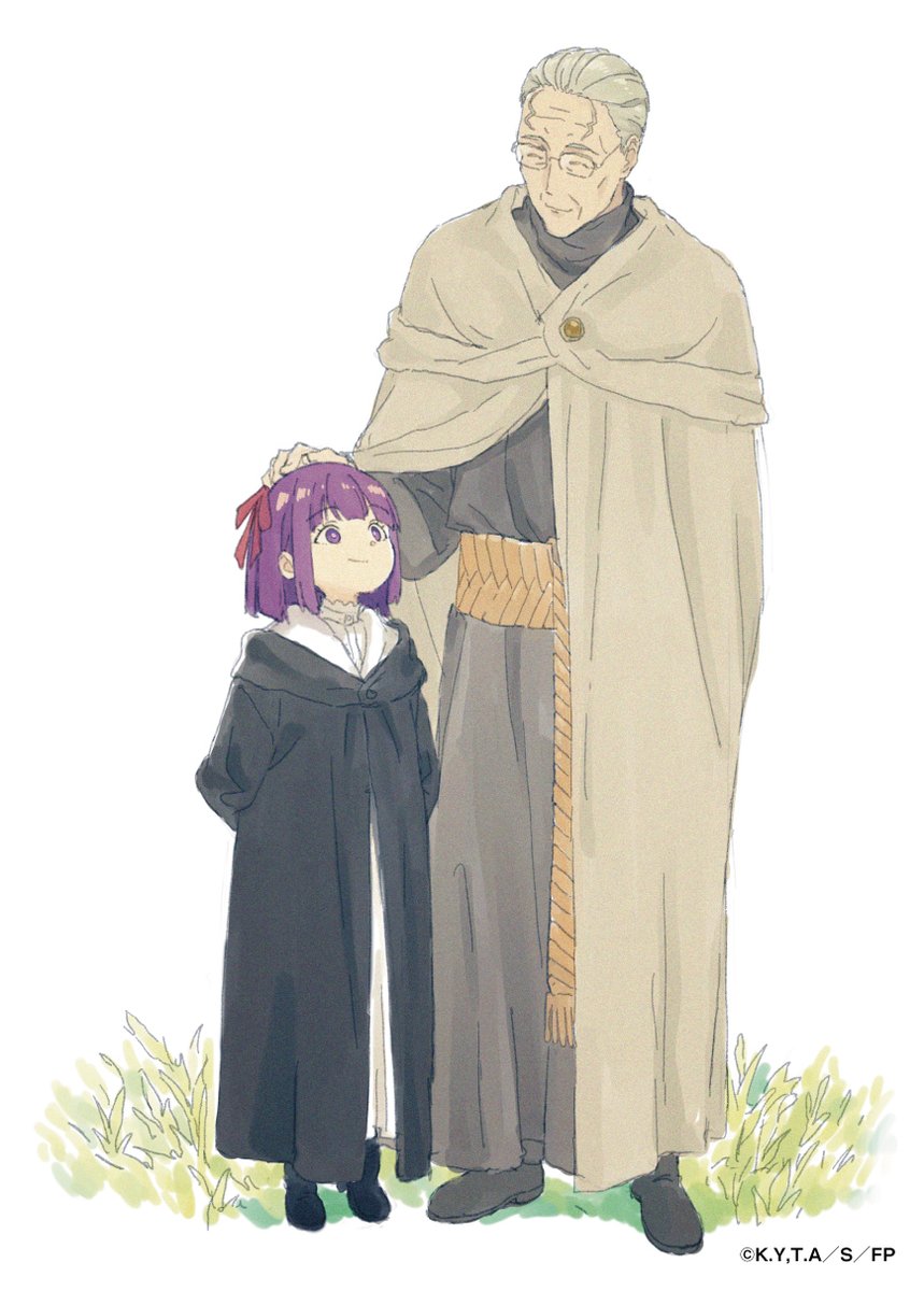 1boy 1girl age_difference aged_down aged_up arms_behind_back belt black_cloak black_footwear bob_cut boots bright_pupils brown_belt brown_cloak brown_robe cloak closed_mouth copyright_notice dress fern_(sousou_no_frieren) full_body glasses grass grey_hair hair_ribbon hair_slicked_back hand_on_another's_head headpat height_difference heiter highres light_smile looking_at_another looking_down looking_up official_art old old_man promotional_art purple_hair raised_eyebrows rectangular_eyewear red_ribbon ribbon robe shinashina short_hair sousou_no_frieren standing white_background white_dress wrinkled_skin