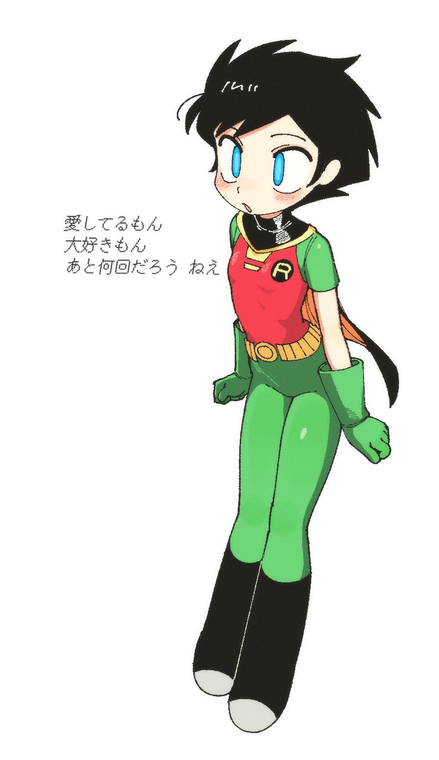 1girl :o batman_(series) batrobin_k belt black_hair blue_eyes blush boots cape clenched_hands dc_comics full_body genderswap genderswap_(mtf) gloves green_gloves highres jaggy_lines robin_(dc) short_hair simple_background solo standing superhero_costume translation_request white_background