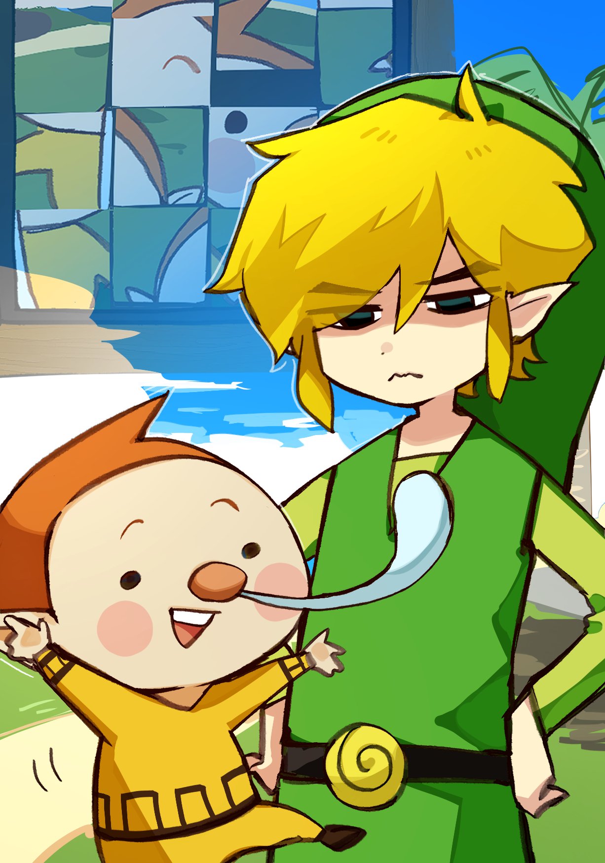 2boys annoyed belt black_eyes blonde_hair cloud cloudy_sky green_tunic hand_on_own_hip highres jigsaw_puzzle katsuobushi_(eba_games) link looking_at_another multiple_boys outdoors pointy_ears puzzle red_hair red_nose sky snot_trail the_legend_of_zelda the_legend_of_zelda:_the_wind_waker toon_link zill_(zelda)