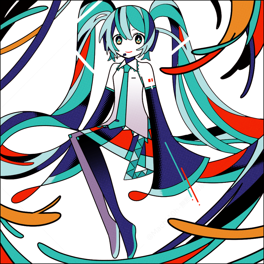 1girl absurdly_long_hair aqua_hair aqua_necktie bare_shoulders blue_skirt blue_sleeves boots closed_mouth collared_shirt colored_skin commentary_request detached_sleeves full_body grey_shirt hatsune_miku headset long_hair long_sleeves looking_at_viewer machigami_yoh miniskirt multicolored_hair necktie pleated_skirt red_skirt shirt sitting skirt sleeveless sleeveless_shirt sleeves_past_fingers sleeves_past_wrists smile solo streaked_hair thigh_boots twintails two-tone_skirt very_long_hair vocaloid watermark white_background white_skin