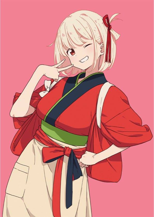 1girl bob_cut breasts clenched_teeth commentary cowboy_shot hair_ribbon hashtag-only_commentary imigimuru japanese_clothes kimono looking_at_viewer lycoris_recoil medium_breasts nishikigi_chisato obi official_alternate_costume one_eye_closed one_side_up pink_background red_eyes red_kimono red_ribbon ribbon sash simple_background smile solo tasuki teeth v