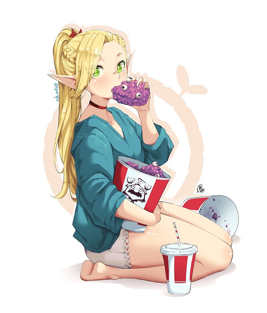 1girl bare_legs barefoot blonde_hair blue_shirt braid cup disposable_cup dungeon_meshi eating elf food green_eyes holding holding_food jk_arts legs long_hair marcille_donato pointy_ears ponytail red_ribbon ribbon shirt shorts side_braid soles