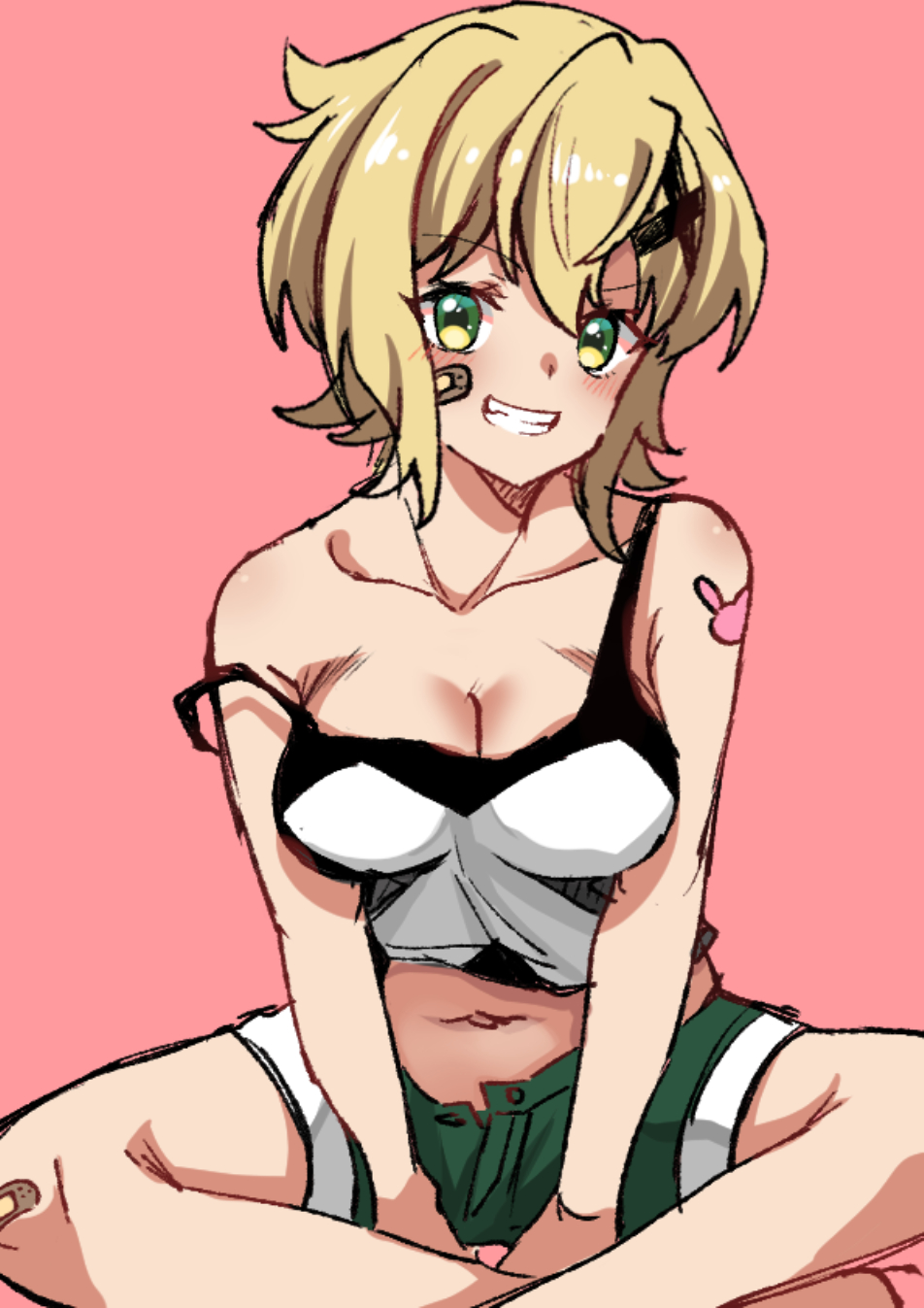 1girl akatsuki_kirika bandaid bandaid_on_face blonde_hair blush breasts collarbone green_eyes hair_ornament highres huleito indian_style looking_at_viewer medium_breasts navel pink_background senki_zesshou_symphogear shiny_skin short_hair shorts simple_background sitting sleeveless smile strap_slip tank_top teeth x_hair_ornament