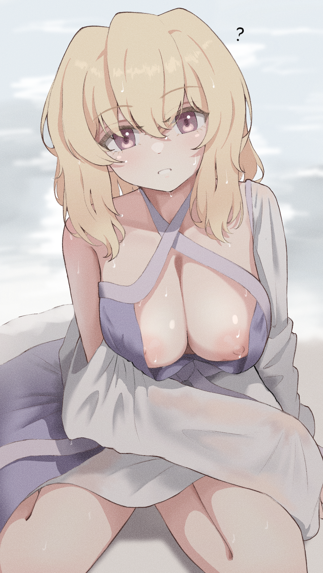 1girl ? blonde_hair blurry breasts cleavage depth_of_field gundam gundam_seed gundam_seed_destiny hair_between_eyes highres large_breasts long_hair looking_at_viewer nipples nsb36046_(na) parted_lips pink_eyes purple_eyes sitting solo stellar_loussier swimsuit_cover-up variant_set wet