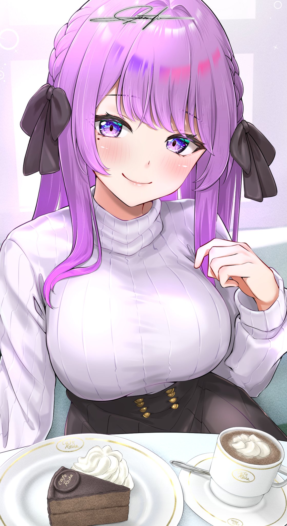 1girl black_ribbon black_skirt blush braid breasts cake coffee coffee_cup cup disposable_cup food french_braid hair_ribbon highres indie_virtual_youtuber large_breasts long_hair long_sleeves looking_at_viewer mole mole_under_eye otsuka_ray plate pleated_skirt prsdubstep purple_eyes purple_hair ribbed_sweater ribbon signature skirt smile solo spoon sweater turtleneck turtleneck_sweater whipped_cream white_sweater