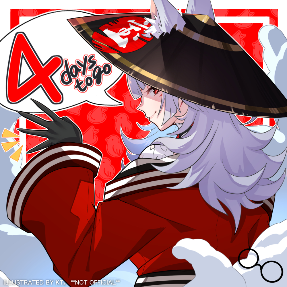 1girl animal_ear_fluff animal_ears black_gloves conical_hat countdown english_text facial_mark fox_ears from_behind gloves grey_hair japanese_clothes kimono kt._(kaisou-notagui) long_hair looking_at_viewer looking_back multiple_tails nijisanji nijisanji_en nina_kosaka nina_kosaka_(1st_costume) off_shoulder red_eyes red_kimono robert_(nina_kosaka) smile solo speech_bubble tail waving