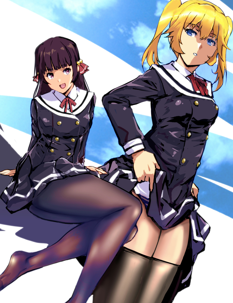 2girls bell black_hair black_pantyhose black_thighhighs blonde_hair blue_eyes buttons clothes_lift commentary_request double-breasted grey_skirt hair_bell hair_ornament himenokouji_akiko jacket kamisimo_90 long_sleeves looking_at_viewer multiple_girls nasuhara_anastasia neck_ribbon onii-chan_dakedo_ai_sae_areba_kankeinai_yo_ne panties panty_peek pantyhose pleated_skirt red_eyes red_ribbon ribbon school_uniform shirt skirt skirt_lift striped_clothes striped_panties thighhighs thighs twintails underwear uniform white_shirt